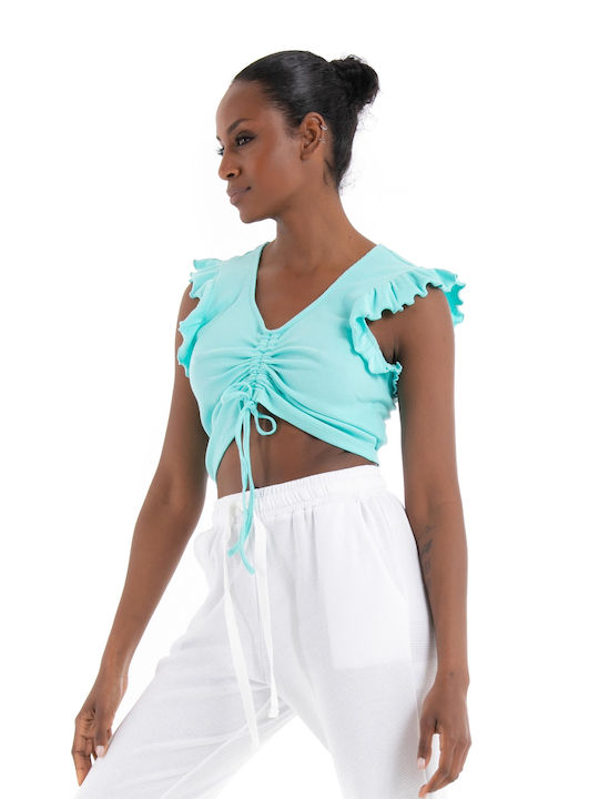 Only Women's Summer Crop Top Cotton Sleeveless with V Neck Light Aquamarine