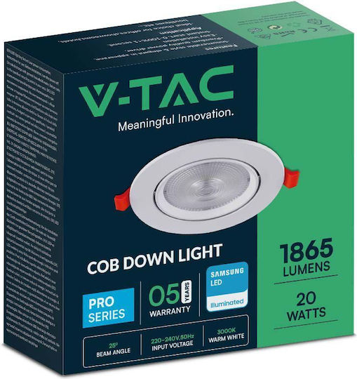 V-TAC Rund Vertieft LED Panel 20W mit Warm zu kühlem Weiß Licht