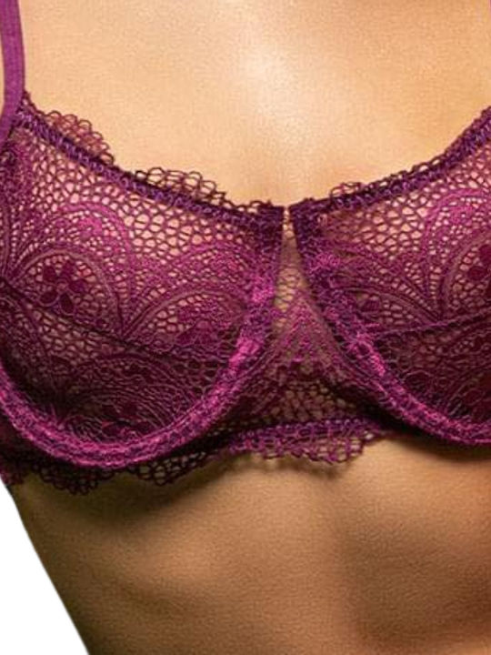 Women's Lace Lingerie Set with High Waist Brazilian Briefs in magenta color