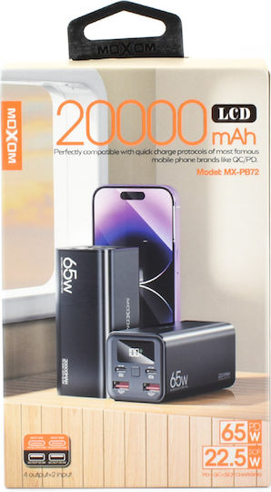 Moxom PB72 Power Bank 20000mAh 65W με 2 Θύρες USB-A και 2 Θύρες USB-C Power Delivery Μαύρο