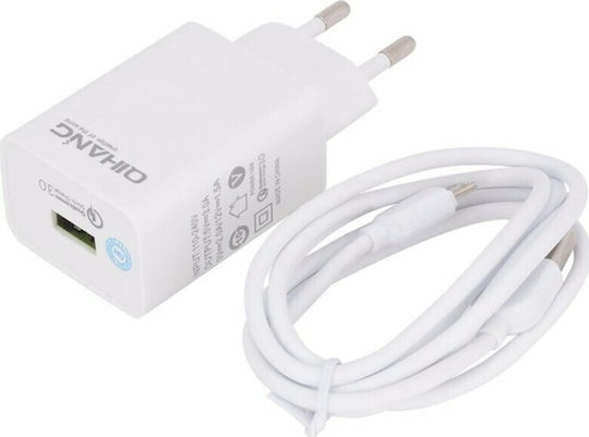 QIHANG Ladegerät mit USB-A Anschluss und Kabel Blitzschlag Schnellaufladung 3.0 Weißs (Z06)