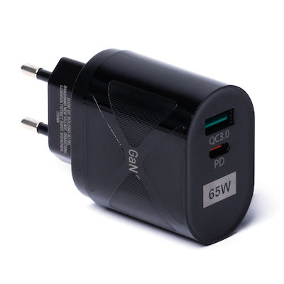 Wozinsky Încărcător Fără Cablu GaN cu Port USB-A și Port USB-C 65W Livrarea energiei / Quick Charge 3.0 Negruς (WWCGM1)