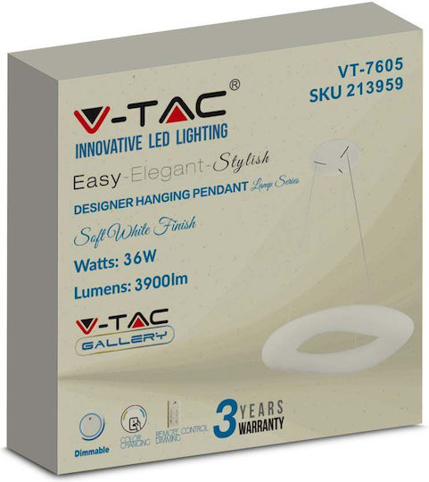 V-TAC Κρεμαστό Φωτιστικό Λευκό LED με Ρυθμιζόμενο Λευκό Φως 60x200εκ.