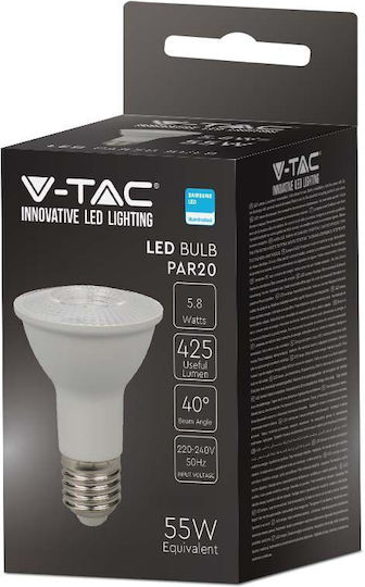 V-TAC LED-Lampe 5.8W 84mm für Fassung E27 und Form PAR20 Warmes Weiß 425lm