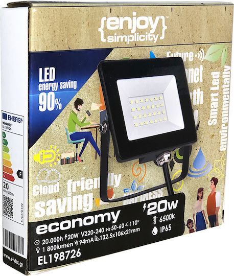 Elvhx Στεγανός Προβολέας LED 20W Φυσικό Λευκό 4000K IP65