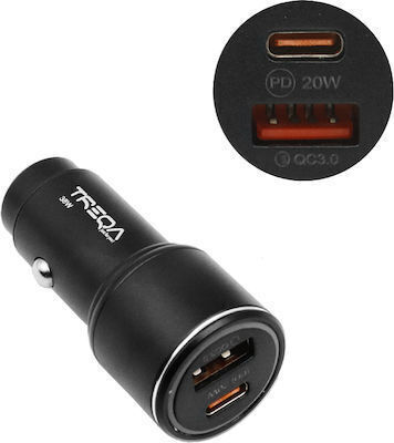 Treqa Auto-Ladegerät 38W 3A mit Anschlüssen: 1xUSB 1xType-C Schwarz Farbe
