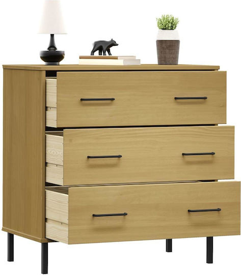 Comodă Dormitor Din Lemn Masiv Și Metal Cu 3 Sertare 77x40x79.5cm