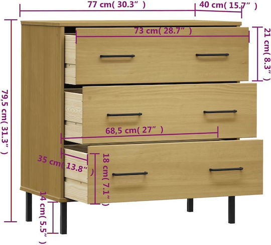 Comodă Dormitor Din Lemn Masiv Și Metal Cu 3 Sertare 77x40x79.5cm