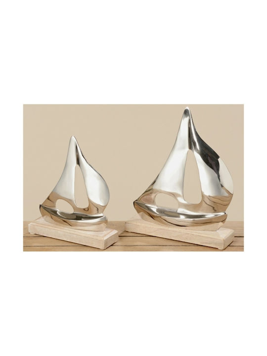 Decorative metallic silver boat with wooden base 29cm