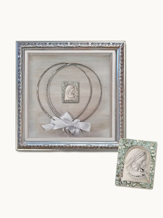 luxury carved wooden wreath case with silver leaf with glass, wall mounted 33x33 x 3 cm depth