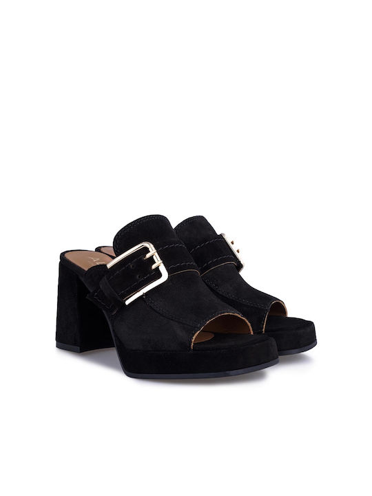 Alpe Chunky Heel Leather Mules Black