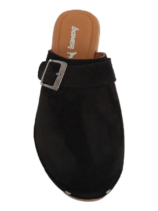 Leather Mules with Chunky Low Heel in Black Color