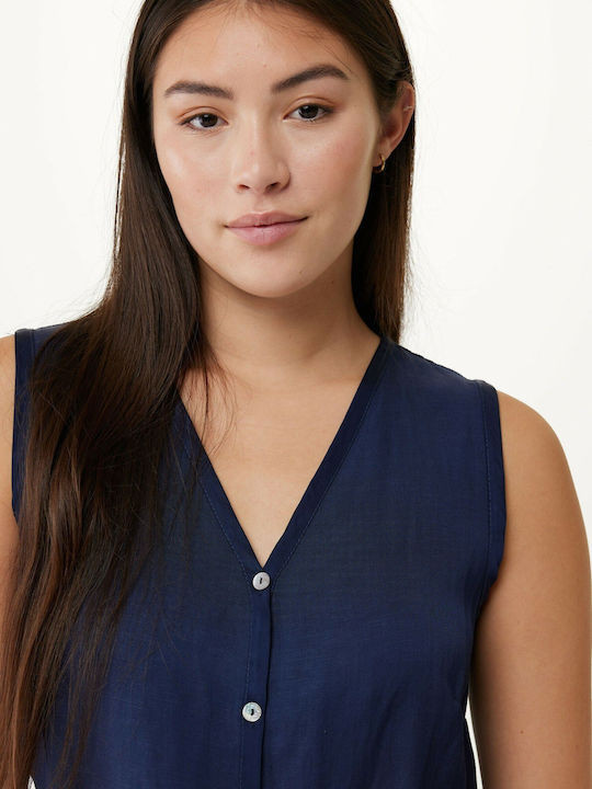 Women's Linen Monochrome Sleeveless Shirt Navy Blue