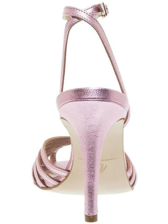 Mourtzi Leather Women's Sandals Pink Metallic with Thin High Heel