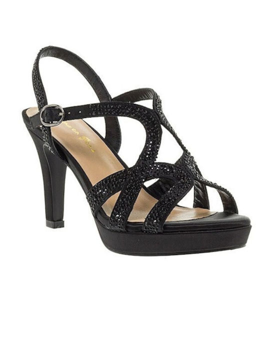 Alma en Pena Fabric Women's Sandals with Strass Black with Chunky High Heel