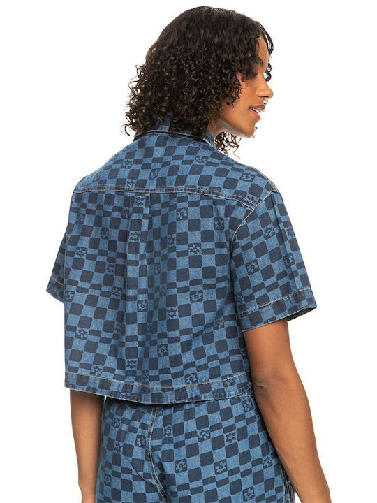 Roxy Blue Wave Club Printed Kurzärmelig Damen Hemd Blau Drucken