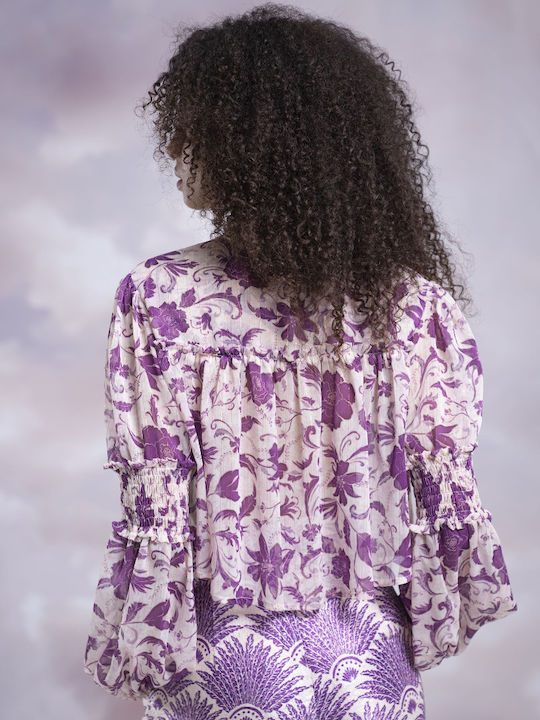 Langärmelig Damen Hemd Lila Blumen
