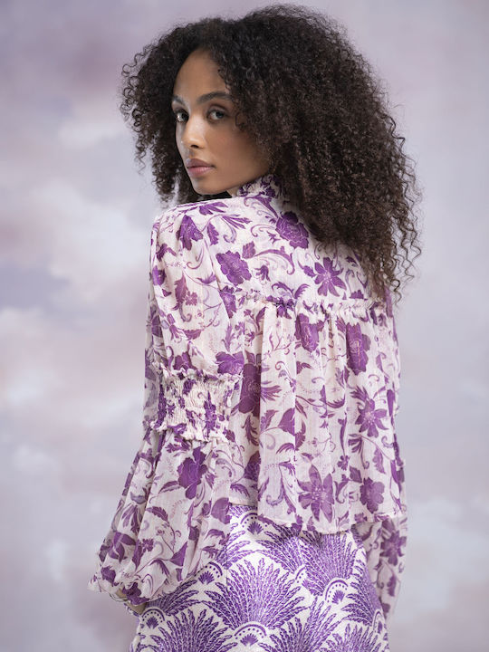 Langärmelig Damen Hemd Lila Blumen