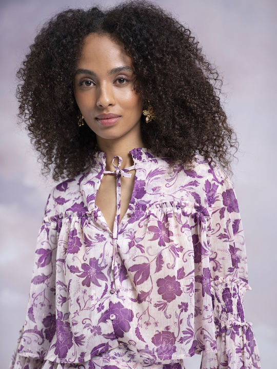 Langärmelig Damen Hemd Lila Blumen