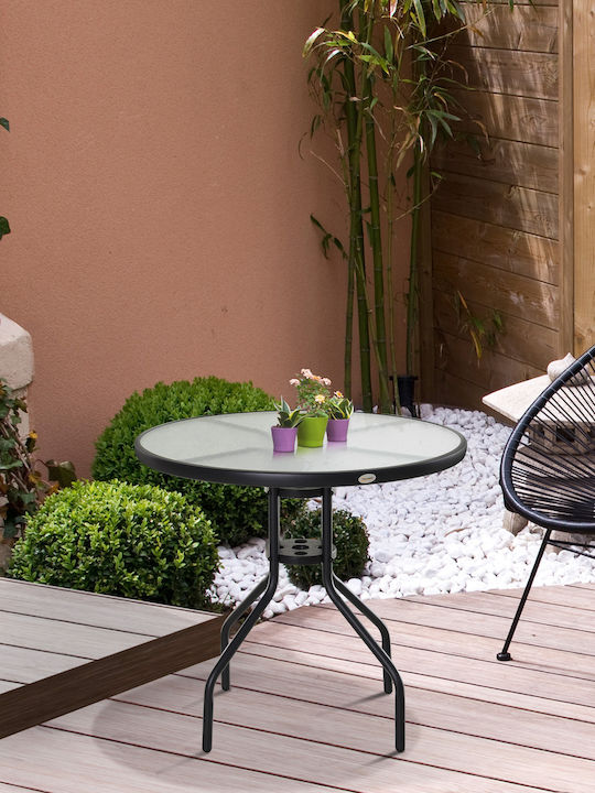 Outdoor Dinner Table with Glass Surface and Metal Frame Black 80x80x72cm