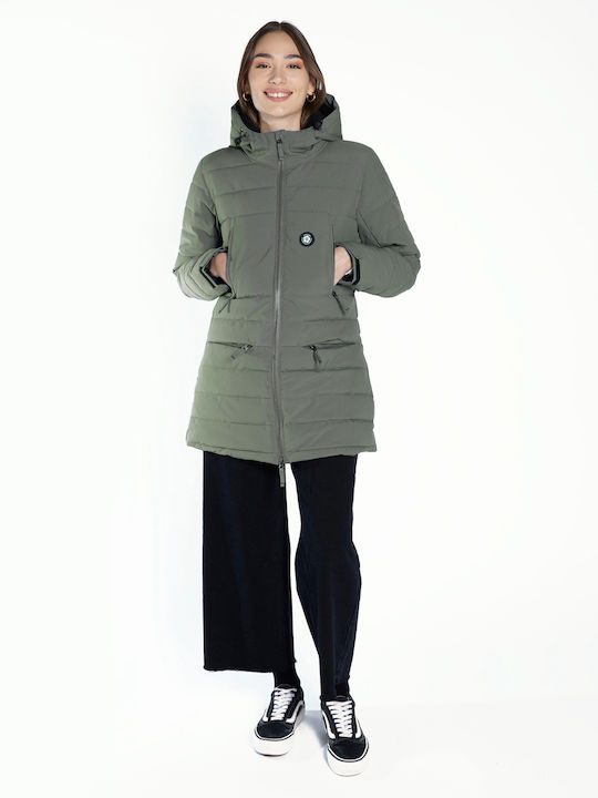 Women's Short Puffer Jacket for Winter with Hood Light Olive