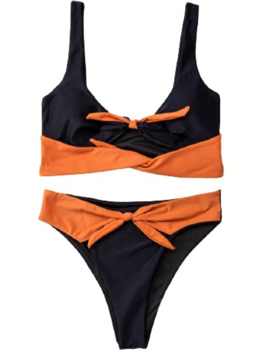 Black Orange Bandeau Highwaisted Bikini Set Women's Highwaisted Bikini Set in Black color with orange details