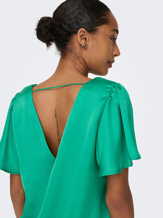 Only Women's Summer Blouse Short Sleeve with V Neckline Green