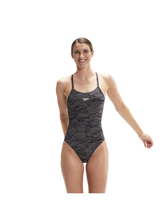 Speedo Allover Wet Fixed X-Back Sportlicher Badeanzug Black/USA Charcoal