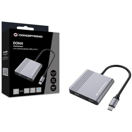 Conceptronic USB-C Докинг станция с HDMI 4K PD и свързване 2 монитора Сив (DONN13G)