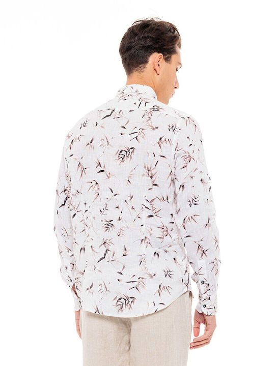 Biston -22 Men's Shirt Long Sleeve Linen Floral White