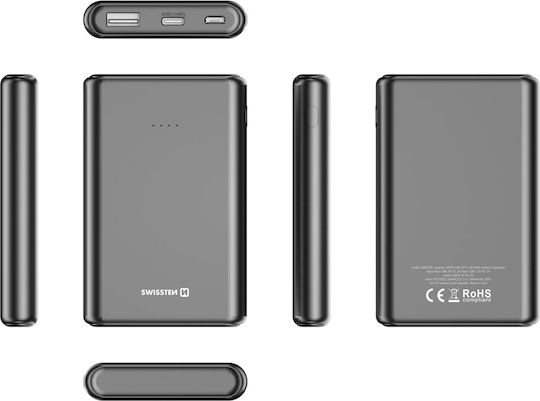 Swissten Power Bank 5000mAh 10W με Θύρα USB-A και 2 Θύρες USB-C Μαύρο