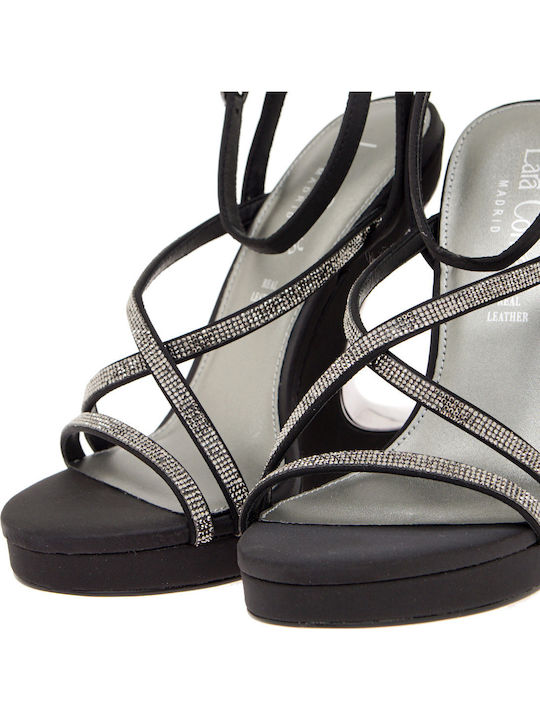 Fabric Women's Sandals with Strass Black with Chunky High Heel