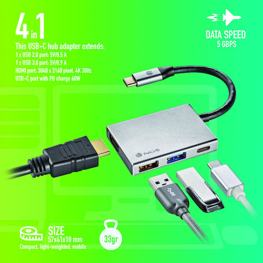 NGS Wonderdock 4 USB-C Docking Station mit HDMI 4K PD Silber