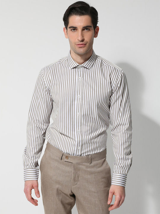 Tresor Men's Shirt Long Sleeve Striped Khaki