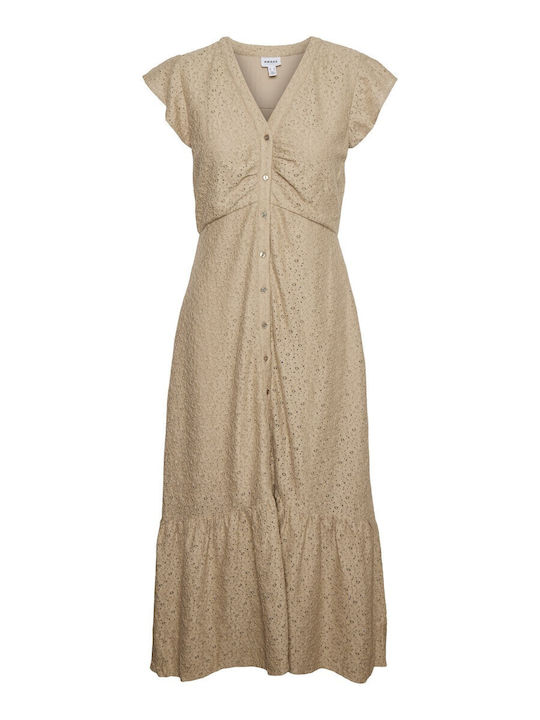 Summer Midi Shirt Dress Dress with Ruffle Beige