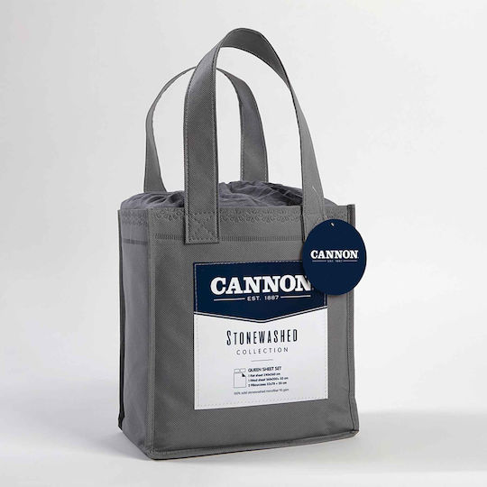 Cannon Stonewashed Σετ Σεντόνια Υπέρδιπλα με Λάστιχο 160x200+35εκ. Dark Gray (4τμχ)
