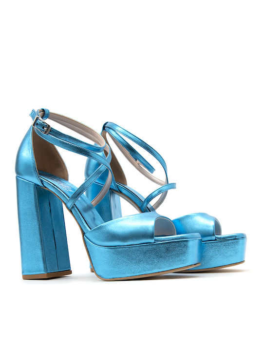 Fardoulis Platform Leather Women's Sandals with Ankle Strap Light Blue with Chunky High Heel