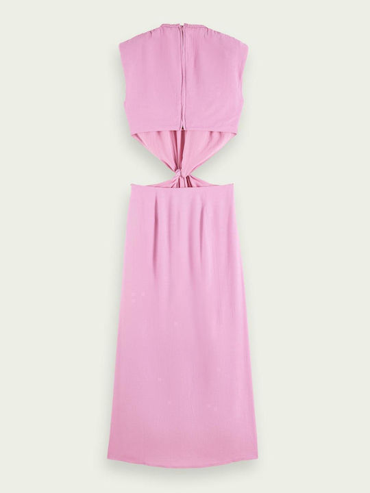 Draped Structured Shoulder Καλοκαιρινό Midi Φόρεμα Ροζ