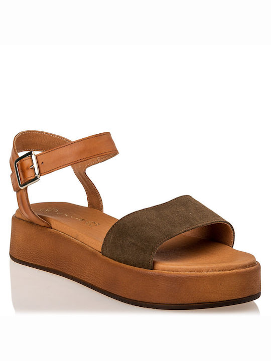 Envie Shoes Flatforms Leather Women's Sandals with Ankle Strap Brown