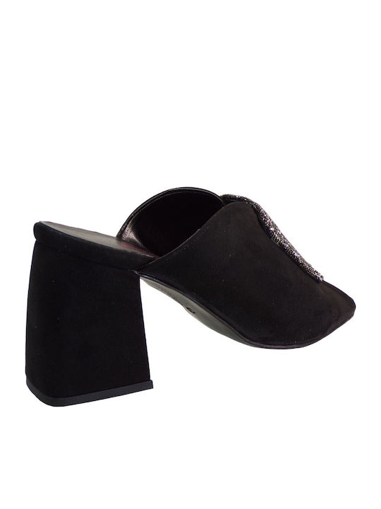 Suede Mules με Χοντρό Χαμηλό Τακούνι σε Μαύρο Χρώμα
