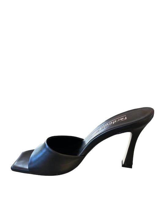 Leather Mules with Thin High Heel in Black Color