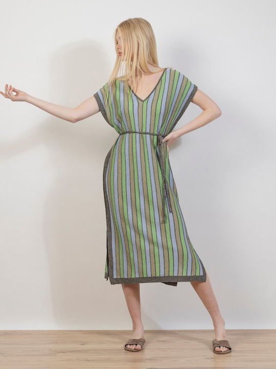 Καλοκαιρινό Midi Φόρεμα Πλεκτό Dark Grey/Ciel/Jade Lime/Khaki