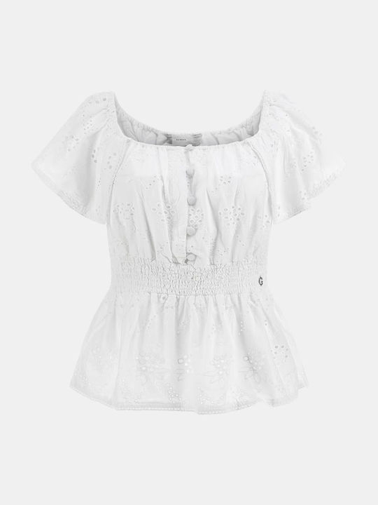 W3GH89WFG40 Women's Summer Blouse Cotton Off-Shoulder Short Sleeve White