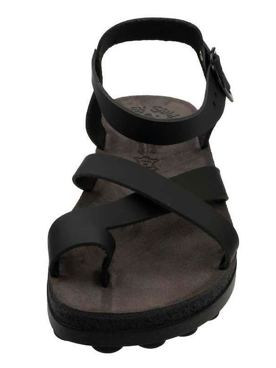 Leather Women's Flat Sandals with Strap in Black Color