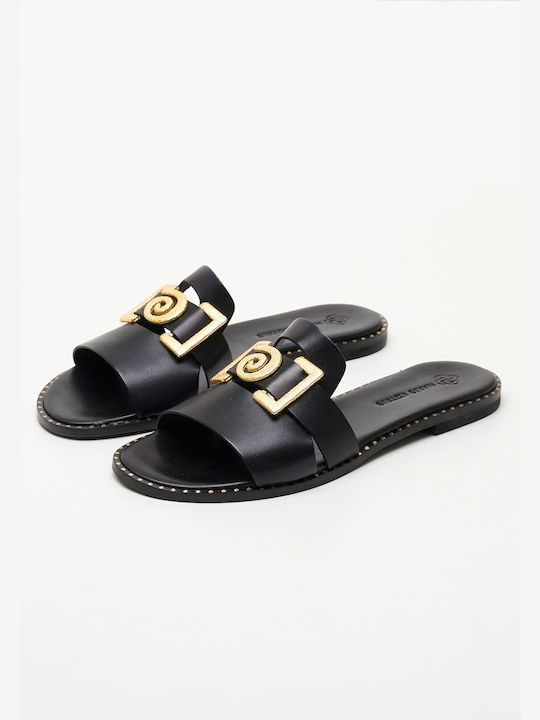 Makis Kotris -2 Leather Women's Flat Sandals in Black Color