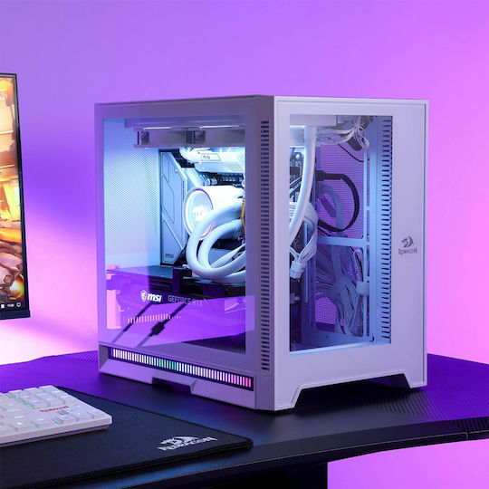 Redragon MC211 Геймърско бюро Мини кула Компютърна кутия със страничен прозорец и RGB осветление Бял