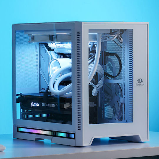 Redragon MC211 Геймърско бюро Мини кула Компютърна кутия със страничен прозорец и RGB осветление Бял