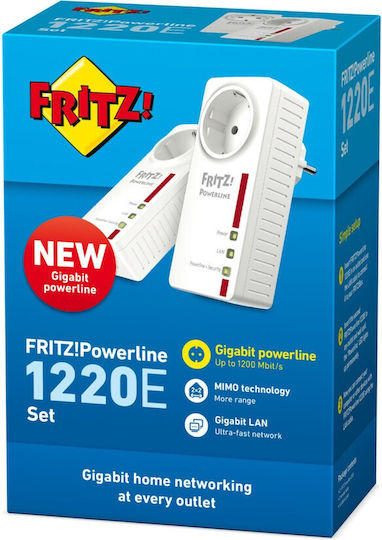 AVM Fritz! 1220E Set Powerline Διπλού Kit για Ενσύρματη Σύνδεση με Passthrough Πρίζα και 2 Θύρες Gigabit Ethernet