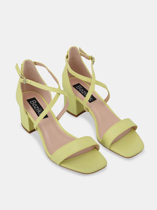 Bozikis Synthetic Leather Women's Sandals Lime with Chunky Medium Heel