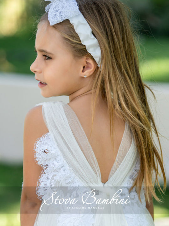 Stova Bambini Λευκό Βαπτιστικό Σετ Ρούχων με Φόρεμα & Αξεσουάρ Μαλλιών από Δαντέλα 2τμχ